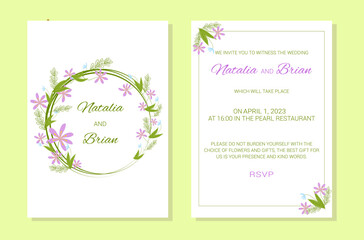 Fototapeta premium Wedding invitation template. Flower frame and text. The inscription is decorated with a wreath of flowers. Lilac, blue. pink, green colors. Vector illustration.