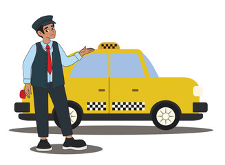 Male taxi driver near car on white background