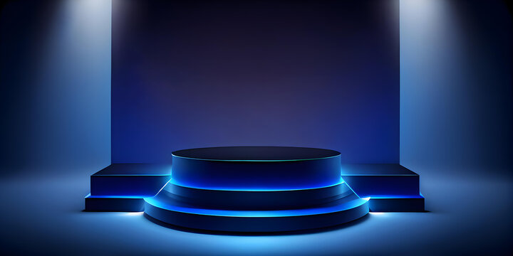 Dark Blue 3D Product Podium with Abstract Light Show and Neon Spotlight