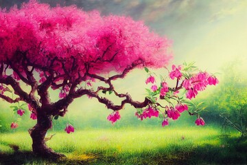 Obraz na płótnie Canvas oil painting style illustration of pink fuchsia flowers tree. Generative AI