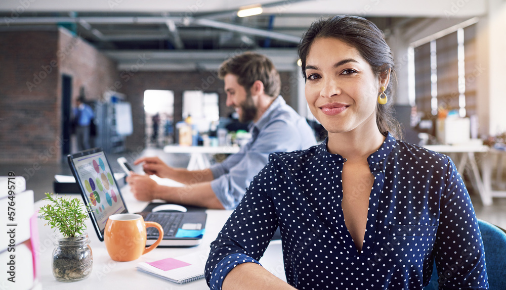 Sticker Teamwork, business and portrait of woman at desk with laptop at creative agency, working on web project together. Leadership, coworking and happy employees at design startup with smile and technology