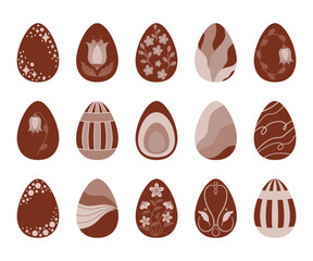 Świąteczne jajka, ozdobne pisanki. Zestaw jajek wielkanocnych w odcieniach brązu i beżu. Ilustracje wektorowe na Wielkanoc.