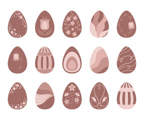 Świąteczne jajka, ozdobne pisanki. Zestaw jajek wielkanocnych w jasnych odcieniach brązu i beżu. Ilustracje wektorowe na Wielkanoc.