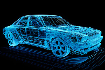 Naklejka premium Side view futuristic AR automobile wireframe with a blue background, generative ai, AR car wireframe concept 