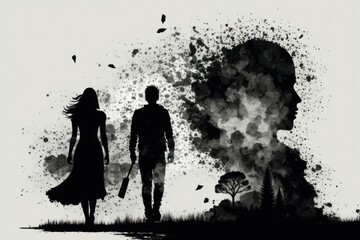 Conceptual abstraction on the theme of betrayal, the silhouette of a couple collapses and turns into ashes. AI generated
