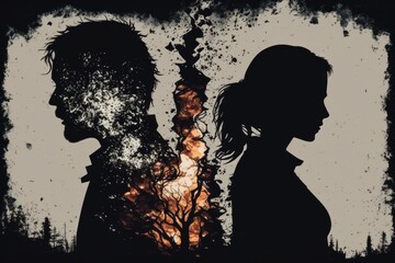 Abstraction on the theme of male infidelity, the silhouette of a couple collapses and turns into ashes. AI generated - obrazy, fototapety, plakaty