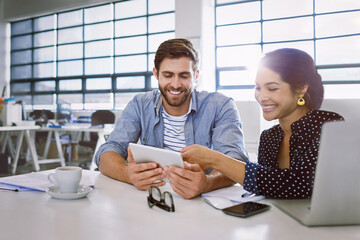 Collaboration, tablet and man with woman in reading email in creative office sharing idea or...