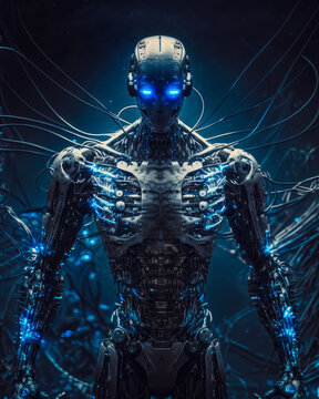 A humanoid robot with a metallic silver body.  The robot has two glowing blue eyes and human-like arms. Generative AI.