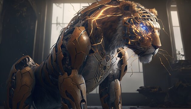 tiger lion cyborg machine robot created with generative ai technology