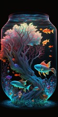 aquarium withpink bonsai and fishes
