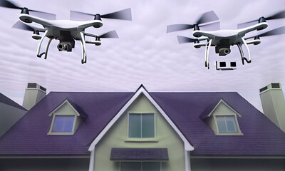 Drones flying over a house window, house privacy concept - 576497523