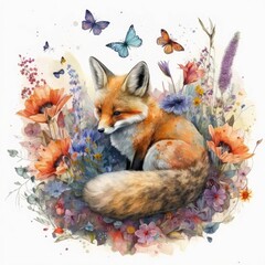 A watercolor painting of a cute little fox sitting amidst a bed of colorful flowers Generative Ai
 