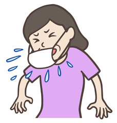 Obraz premium マスク越しに、くしゃみをして飛沫を飛ばす中年女性、おばさん