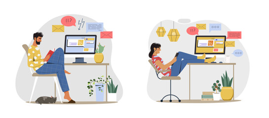 Procrastination at work. Man and woman office workers or freelancers sit at desk and read book instead of completing tasks and projects. Laziness and irresponsibility. Cartoon flat vector collection