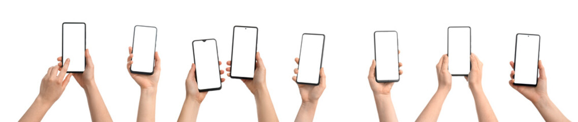 Collage of hands with modern mobile phones on white background