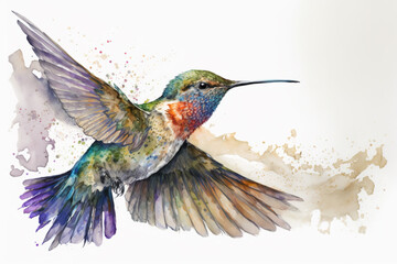 Watercolor illustration with tropical hummingbird. High quality illustration. Generative AI.