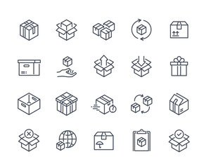 Set of simple linear icons of boxes. Open and closed boxes, parcels and packages for delivery and shipping. Export of cargo and goods. Cartoon flat vector collection isolated on white background - obrazy, fototapety, plakaty