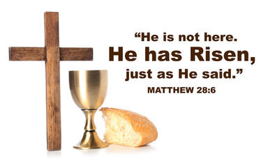 Text HE IS NOT HERE. HE IS RISEN, JUST AS HE SAID with cup of wine, bread and cross on white background