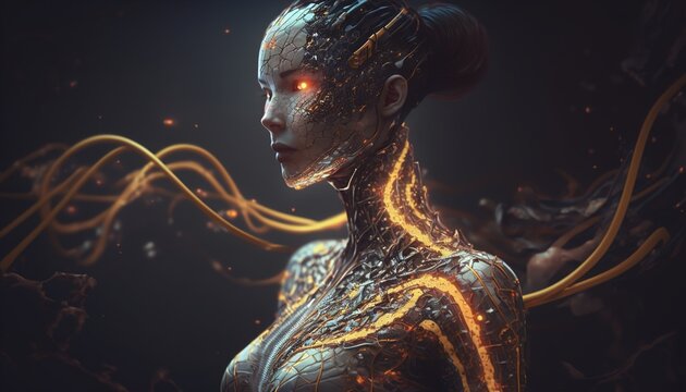 Futuristic AI Android in cinematic lighting, photoreal, realism, porcelan skin created with generative ai technology