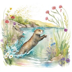 A watercolor depiction of a playful otter splashing in a sparkling river Generative Ai