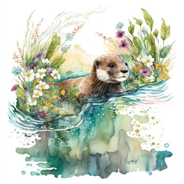 A watercolor depiction of a playful otter splashing in a sparkling river Generative Ai