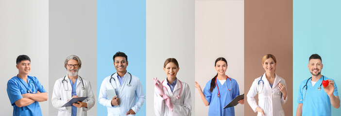 Collage with many doctors on color background