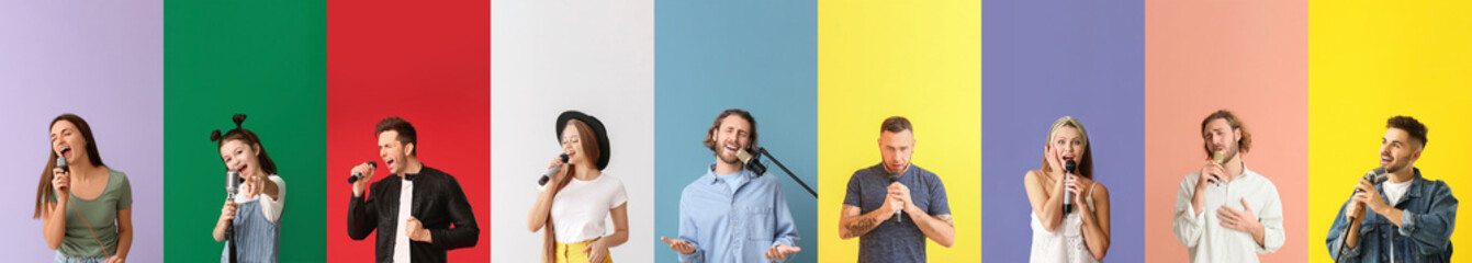 Set of singers with microphones on color background