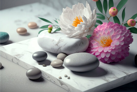 Spa still life with stones and flowers, Generative AI