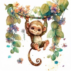 A watercolor portrait of a mischievous little monkey swinging from a branch adorned with colorful flowers and leaves Generative Ai
