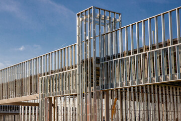 construction site with steel bars forming the frame of a new building