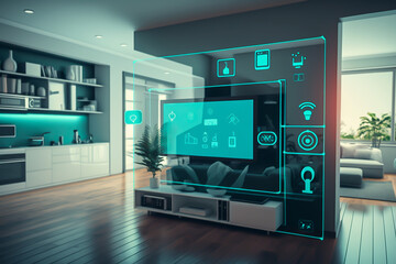smart home living room management system using augmented reality, future concept, generative ai - obrazy, fototapety, plakaty