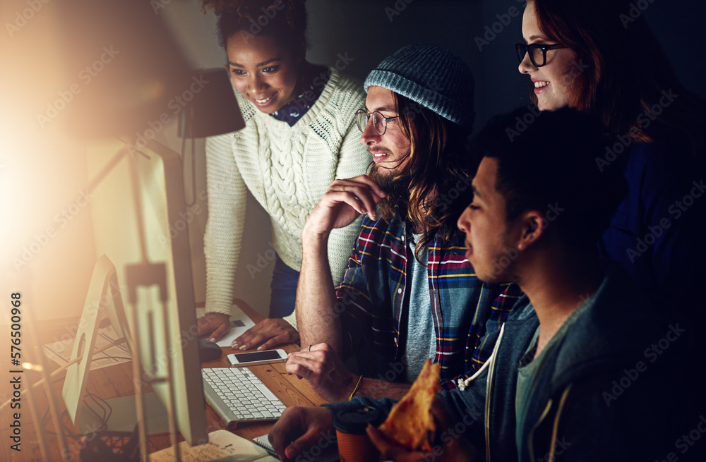 Poster Computer, office teamwork or night team programming ERP software, cybersecurity system or programmer code. App data science, ai developer or diversity collaboration on coding cloud computing database