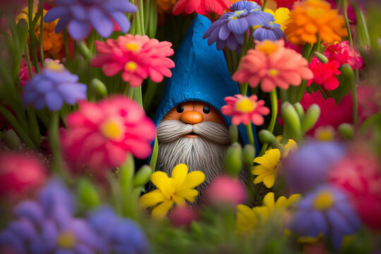 A garden gnome peeking out from behind a colorful patch of flowers created with Generative AI technology