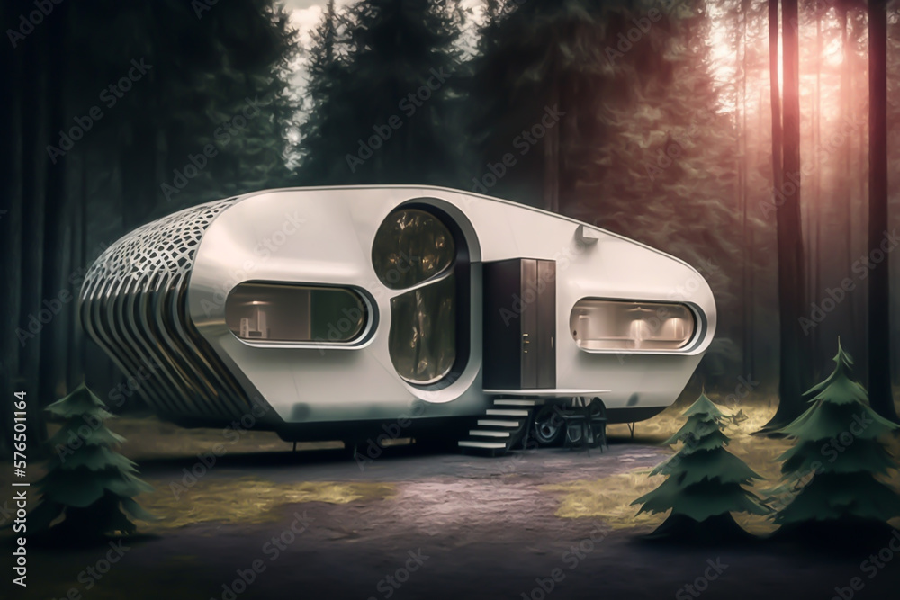 Wall mural mobile home of the future, in the camping site forest, generative ai