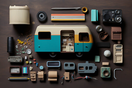 Knolling camping, mobile house, picnic, adventure, instruments, generative ai