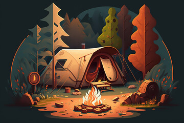 Camping illustration, campfire, mountains, forest, adventure, generative ai