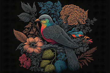 colorful birds and flowers on pale black paper created with generative AI technology