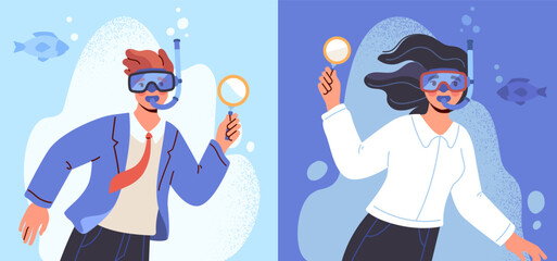 Dive into deep business analysis. Man and woman entrepreneurs with magnifying glass. Finding and solving problems, service improvement, market research and optimization. Cartoon flat vector collection