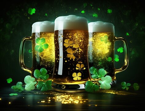Shiny beer clover leaves. St. Patrick's day concept