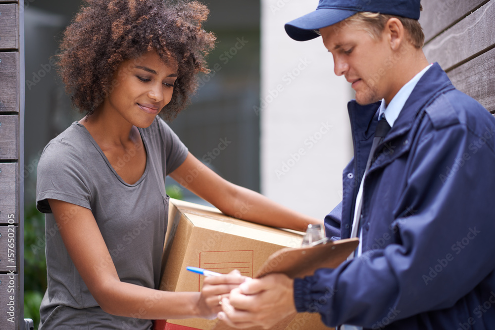 Sticker Delivering direct to your door. Shot of a courier making a delivery to a smiling customer.