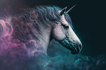 Obraz na płótnie Canvas White unicorn with smoke, spooky, mystery. Unicorn fantasy. Vector illustration. Logo symbol mascot icon sign. Wallpaper Aesthetic. Generative AI