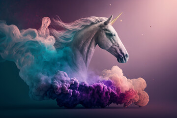 Obraz na płótnie Canvas Magic fairy tale unicorn, with colorful smoke. Vector illustration. Logo symbol mascot icon sign. Wallpaper Aesthetic. Generative AI