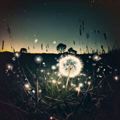 Dandelion flower on dark field about to fall night