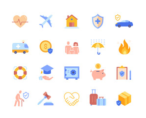 Insurance colorful icons set. Bright stickers with shield, real estate and signed document. Protecting property or health from accidents. Cartoon flat vector collection isolated on white background
