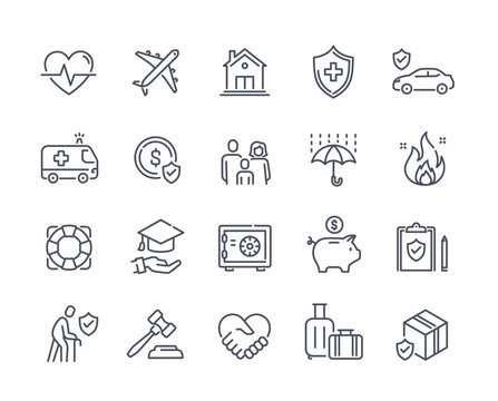 Insurance linear icons set. Protection of property or real estate, health, car or travel insurance, saving money. Design elements for app. Cartoon flat vector collection isolated on white background
