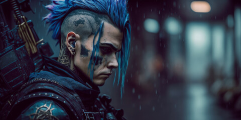 cinematic cyberpunk warrior with tattoos and partially shaved blue hair