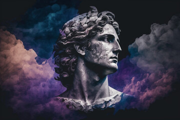 Head of a statue of Alexander the Great, with wonderful sky. Wallpaper Aesthetic. Illustration. Generative AI
