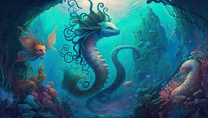 Fototapeta na wymiar A surreal and fantastical underwater scene with mermaids, seahorses, and colorful coral, creating a sense of magic and wonder, surreal, fantastical, underwater, scene, mermaids, seahorses, coral, magi