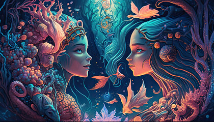A surreal and fantastical underwater scene with mermaids, seahorses, and colorful coral, creating a sense of magic and wonder, surreal, fantastical, underwater, scene, mermaids, seahorses, coral, magi