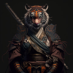 Fototapeta na wymiar tiger, samurai, warrior, holding, katana, fantasy, illustration